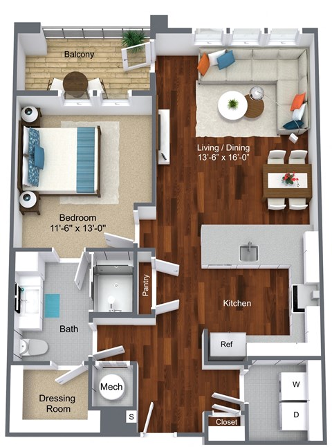 Floor plan for 1 bed, 1 bath, 835 sqft